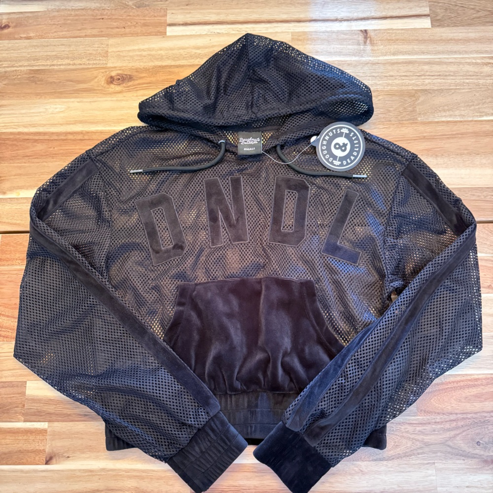 Black Mesh hoodie with Velvet Accents workout active casual wear. Women’s small